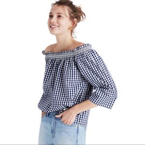 Madewell Blue Smocked Gingham Off-the-Shoulder Summer Top Size XS
